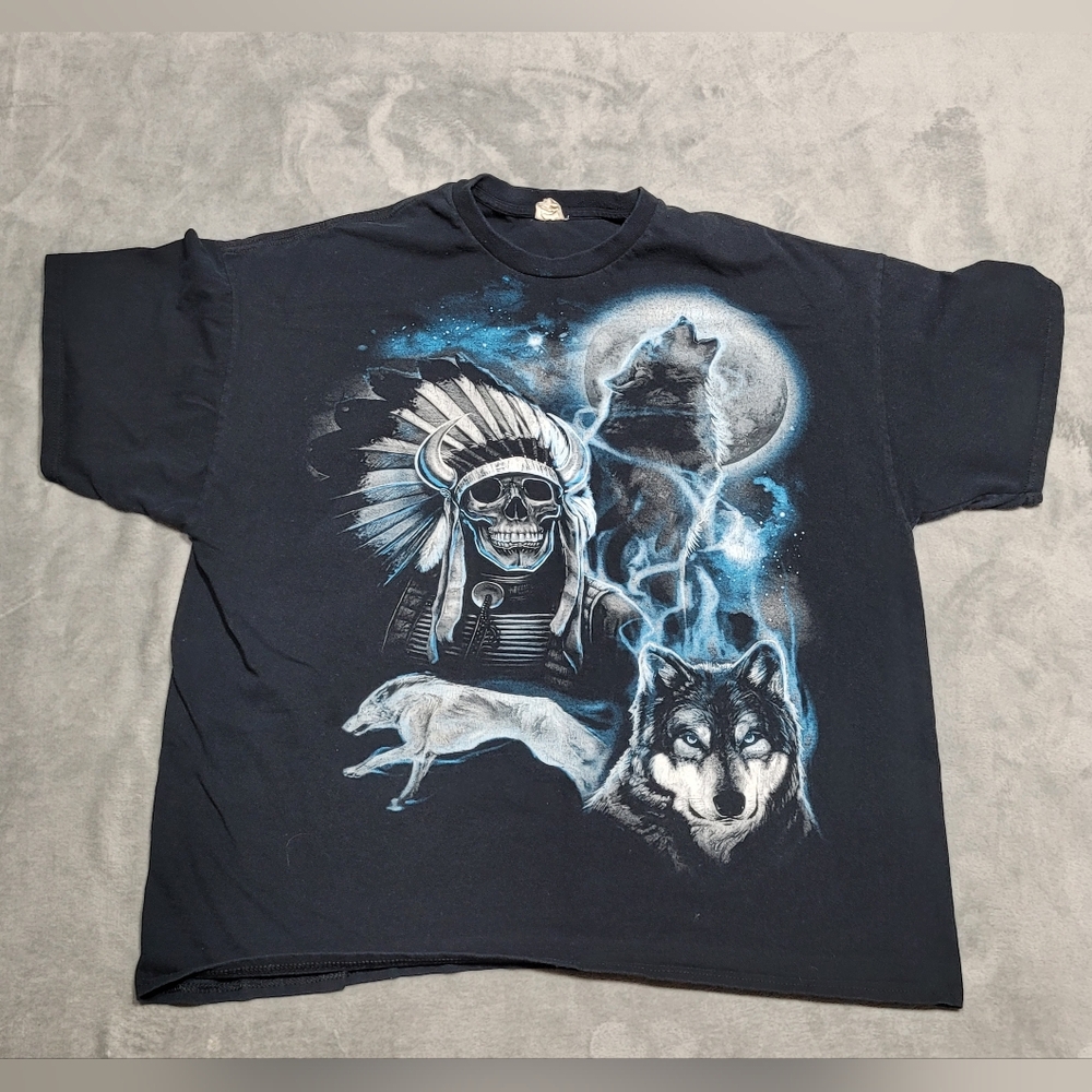 One A Black Graphic Tee with Wolf and Skull Design